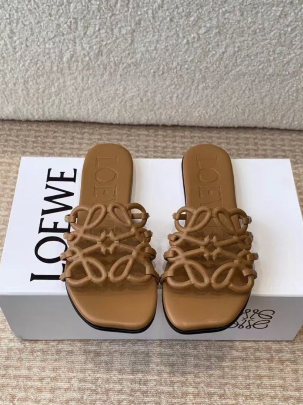 LOEWE Tan Leather Open‑Toe Flat Slide Sandals